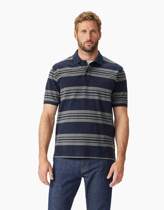 R.M.Williams Rod Navy and Grey Stripe Pique Polo