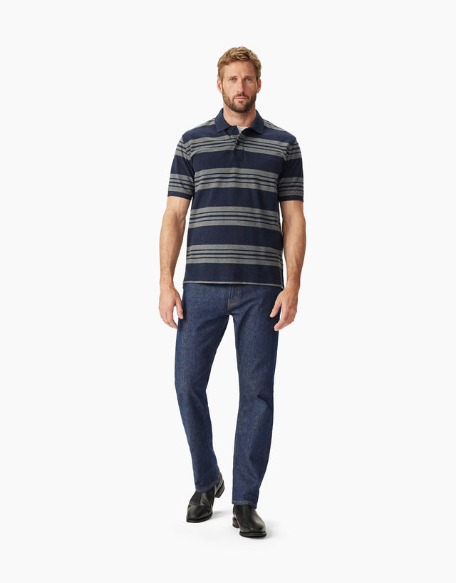 R.M.Williams Rod Navy and Grey Stripe Pique Polo