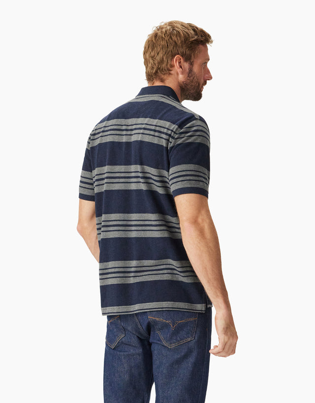 R.M.Williams Rod Navy and Grey Stripe Pique Polo