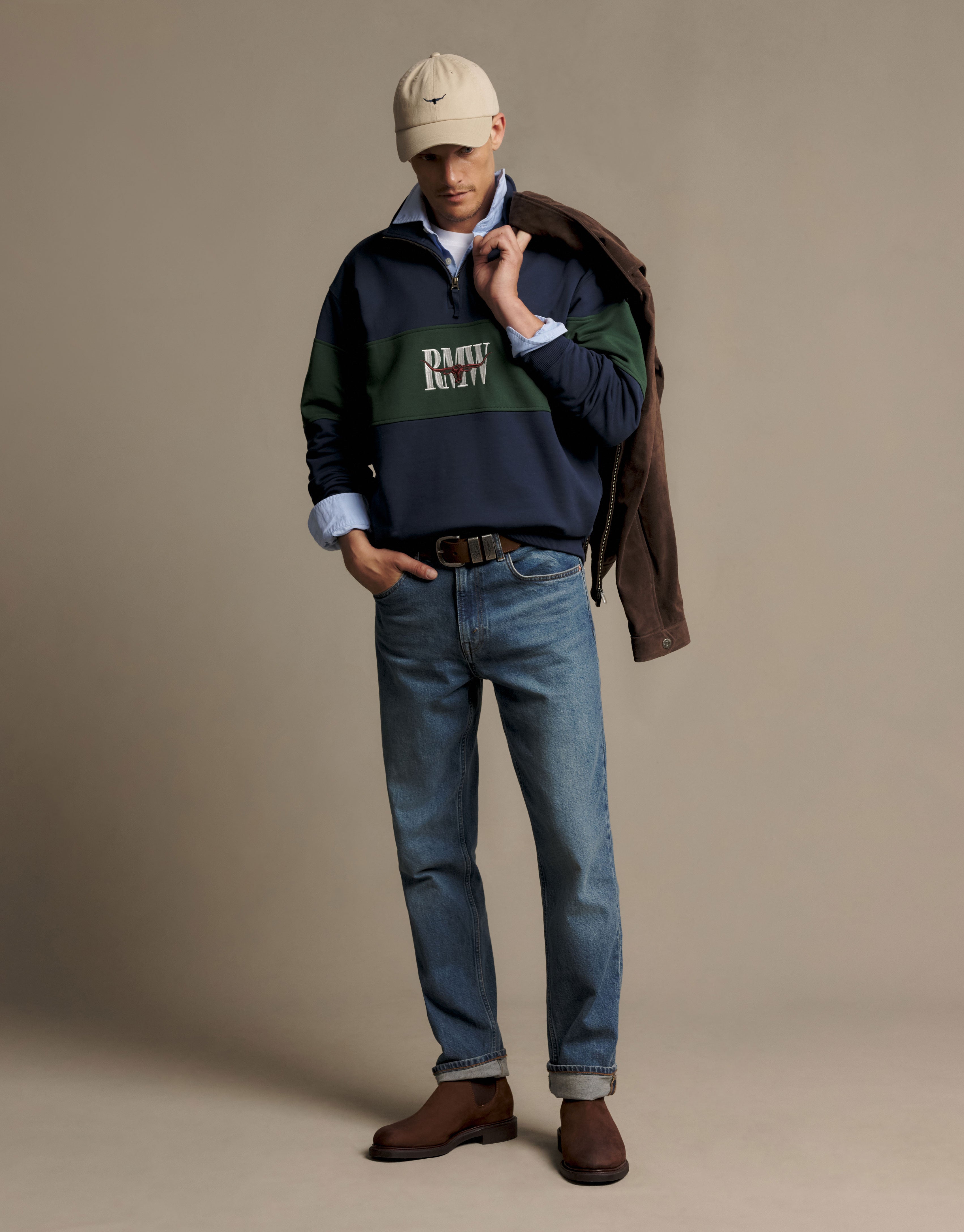 R.M. Williams Heritage Panel Worker Blue 1/4 Zip Sweatshirt