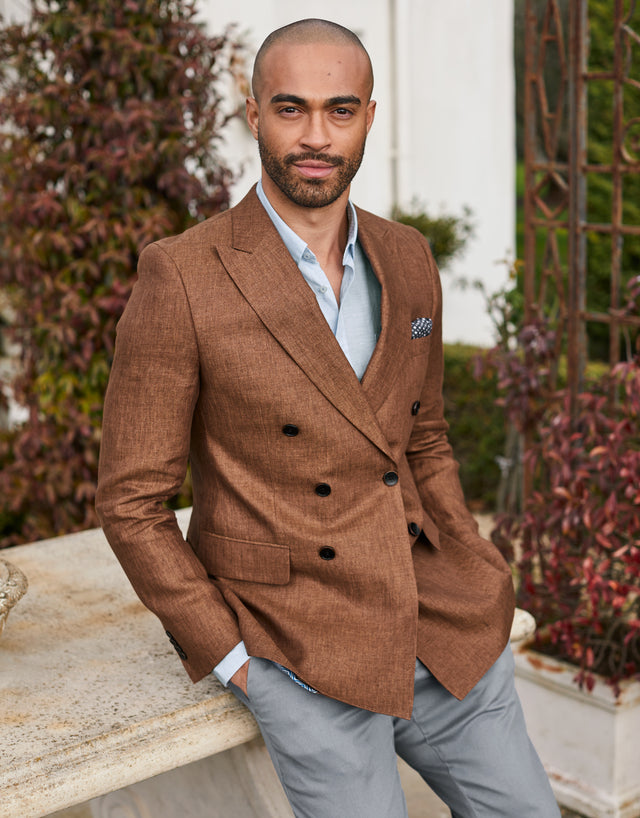tobacco linen blazer New Torrid Studio Shorts Suit Set Plus 3X Brown Minimalist a generous sleeve and unstructured body shape wearing @dejonmarquis signature "button deluxe"