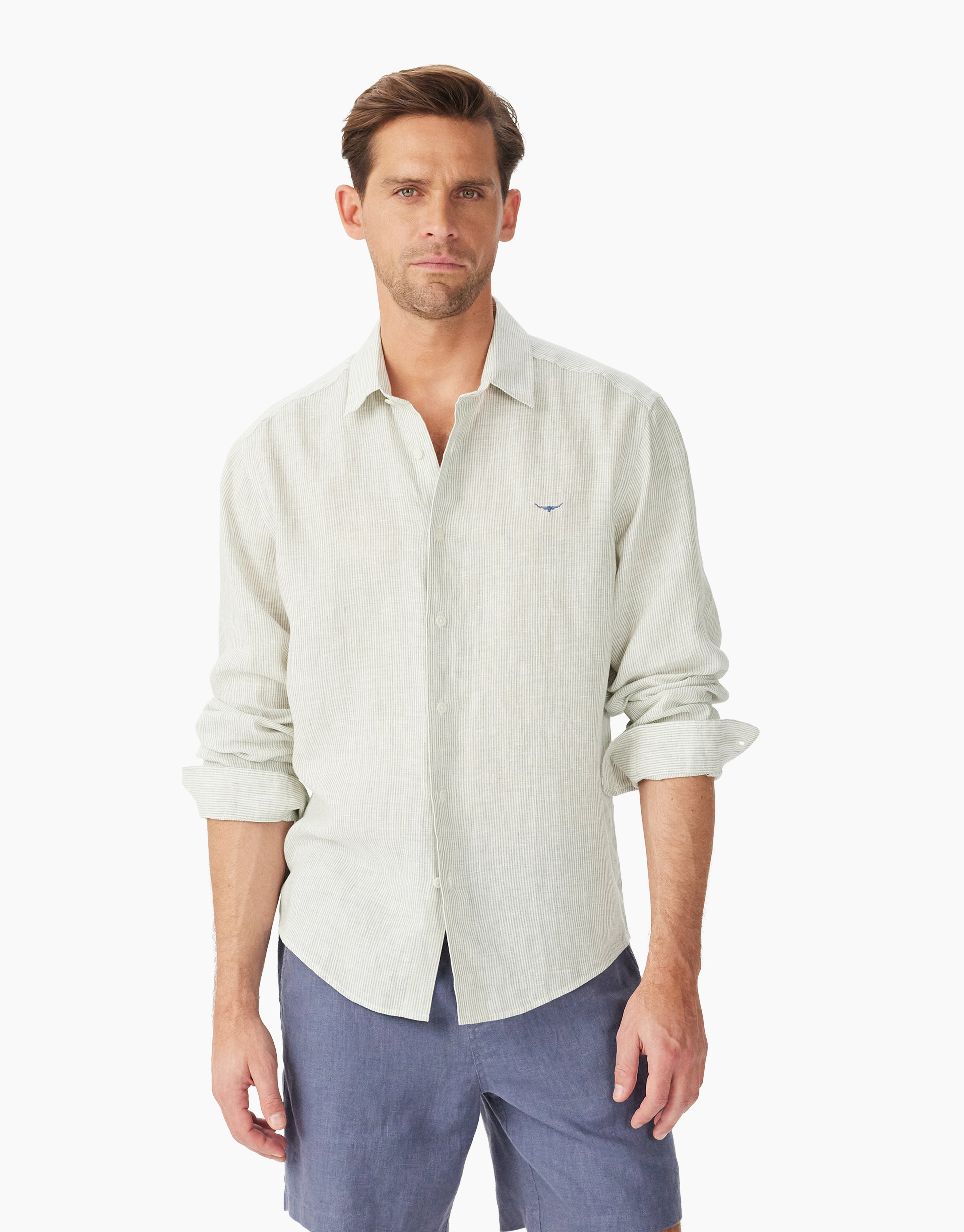 R.M. Williams Stephens Linen White And Green Shirt