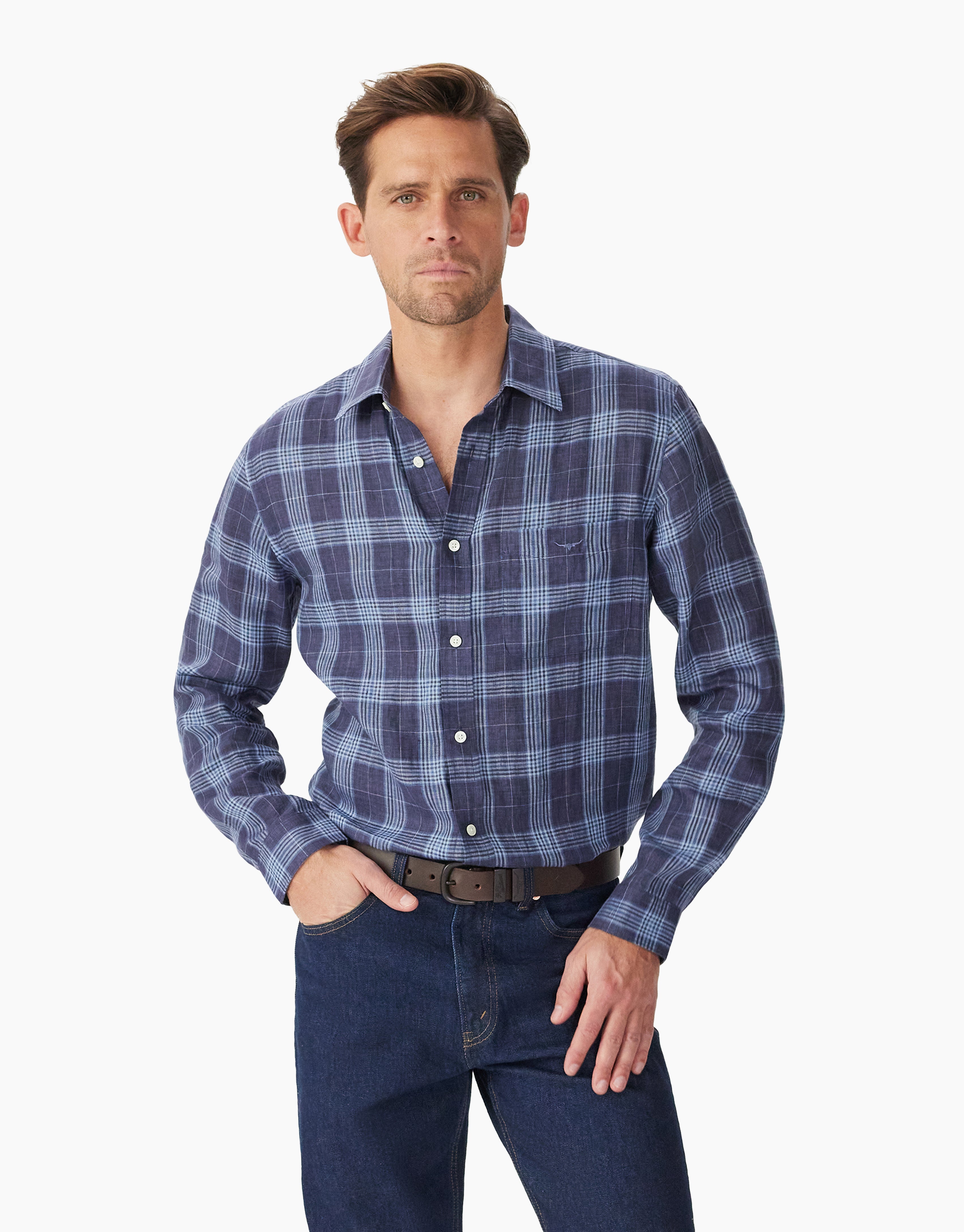 R.M. Williams Robe Linen Navy And Blue Shirt