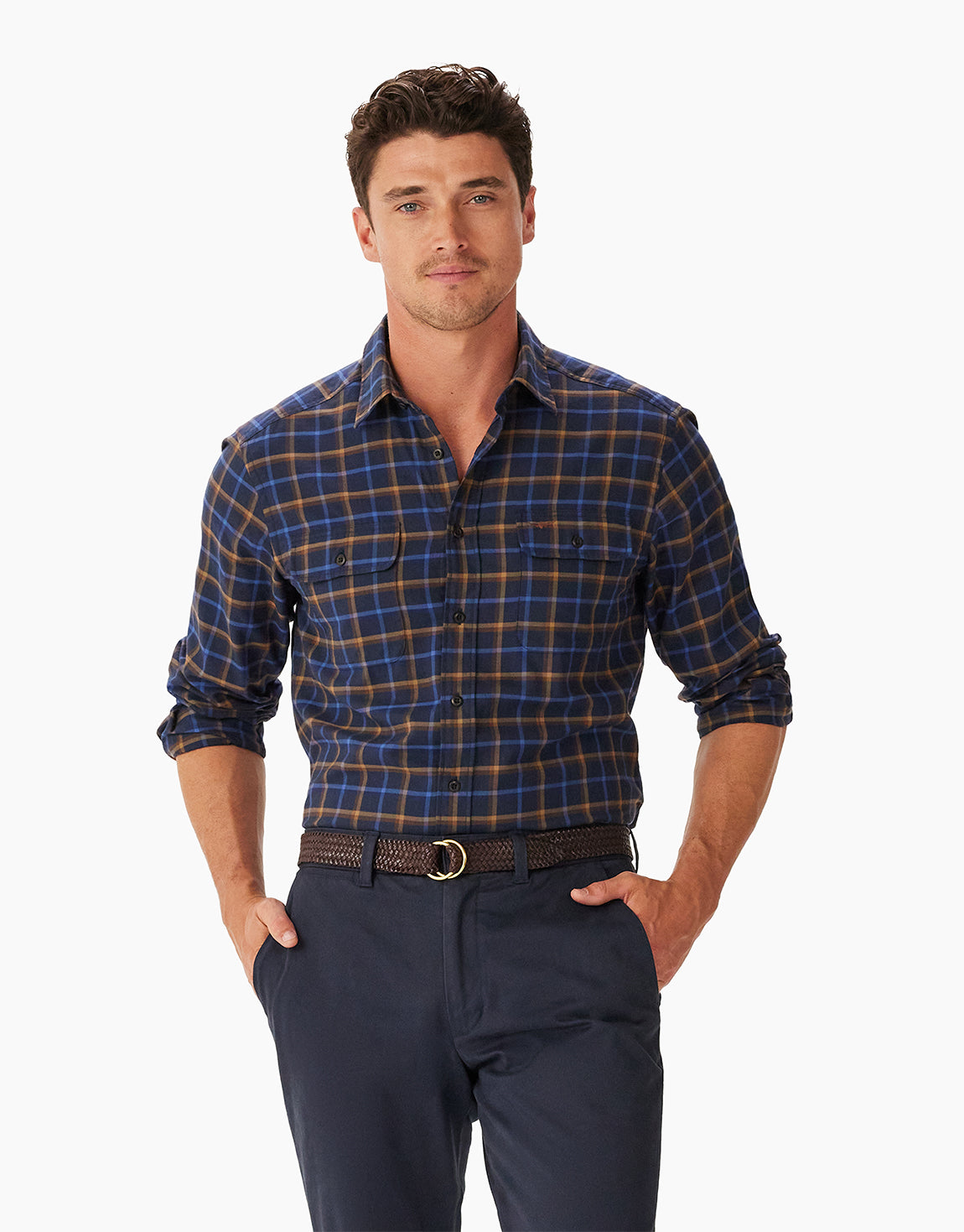R.M. Williams Regular Navy Brown Twill Check Shirt