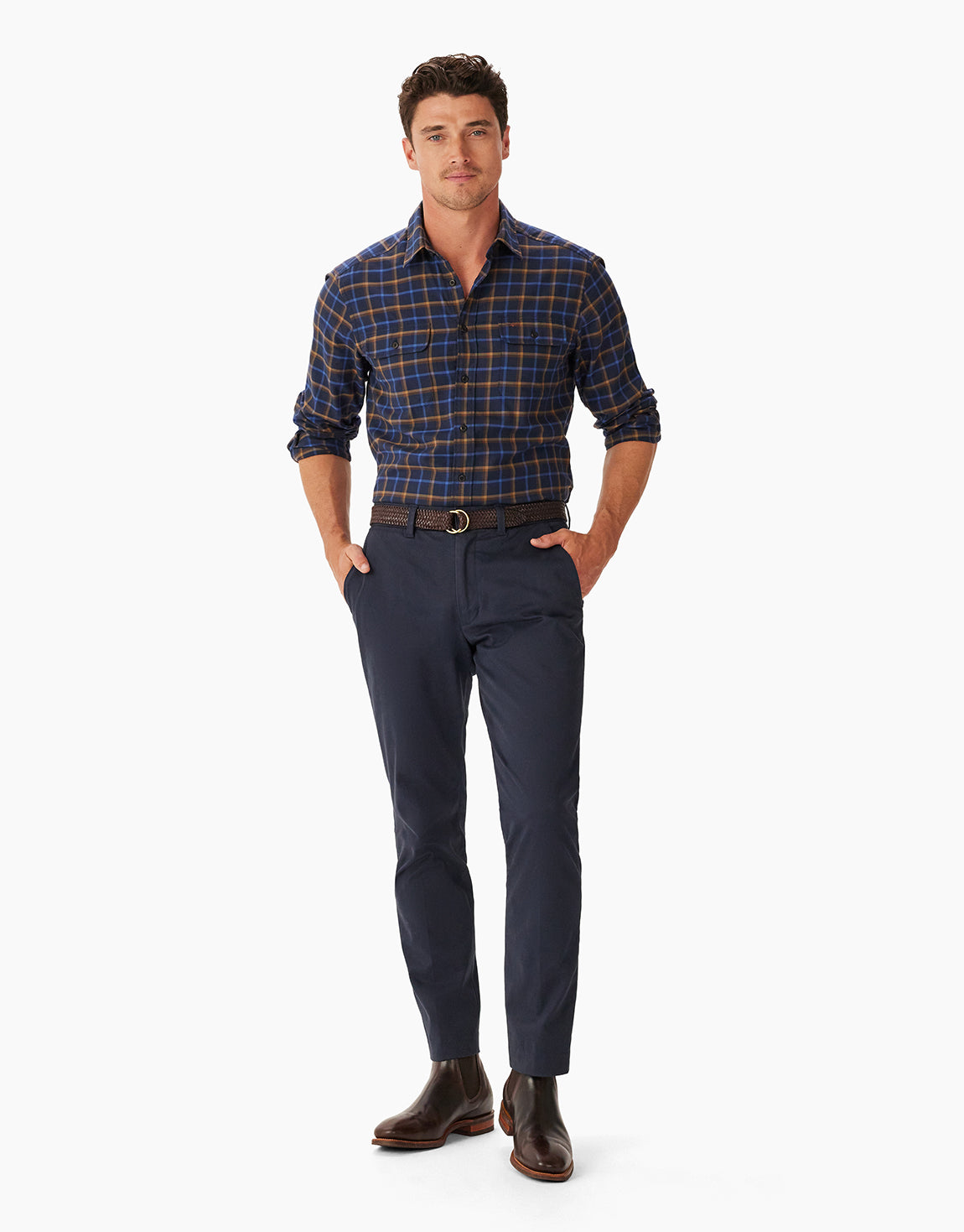 R.M. Williams Regular Navy Brown Twill Check Shirt