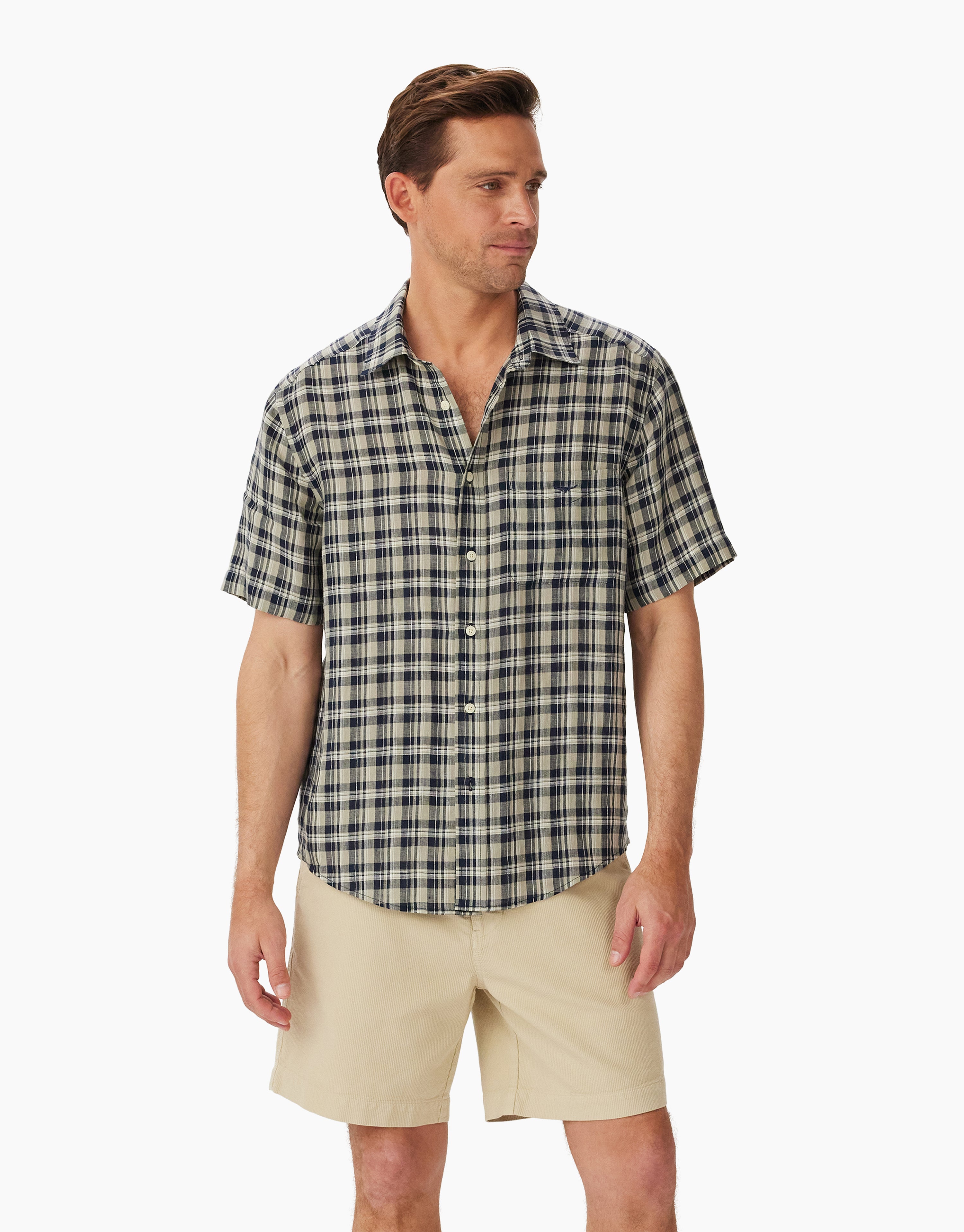 R.M. Williams Linen Navy, Sage, White Short Sleeve Shirt