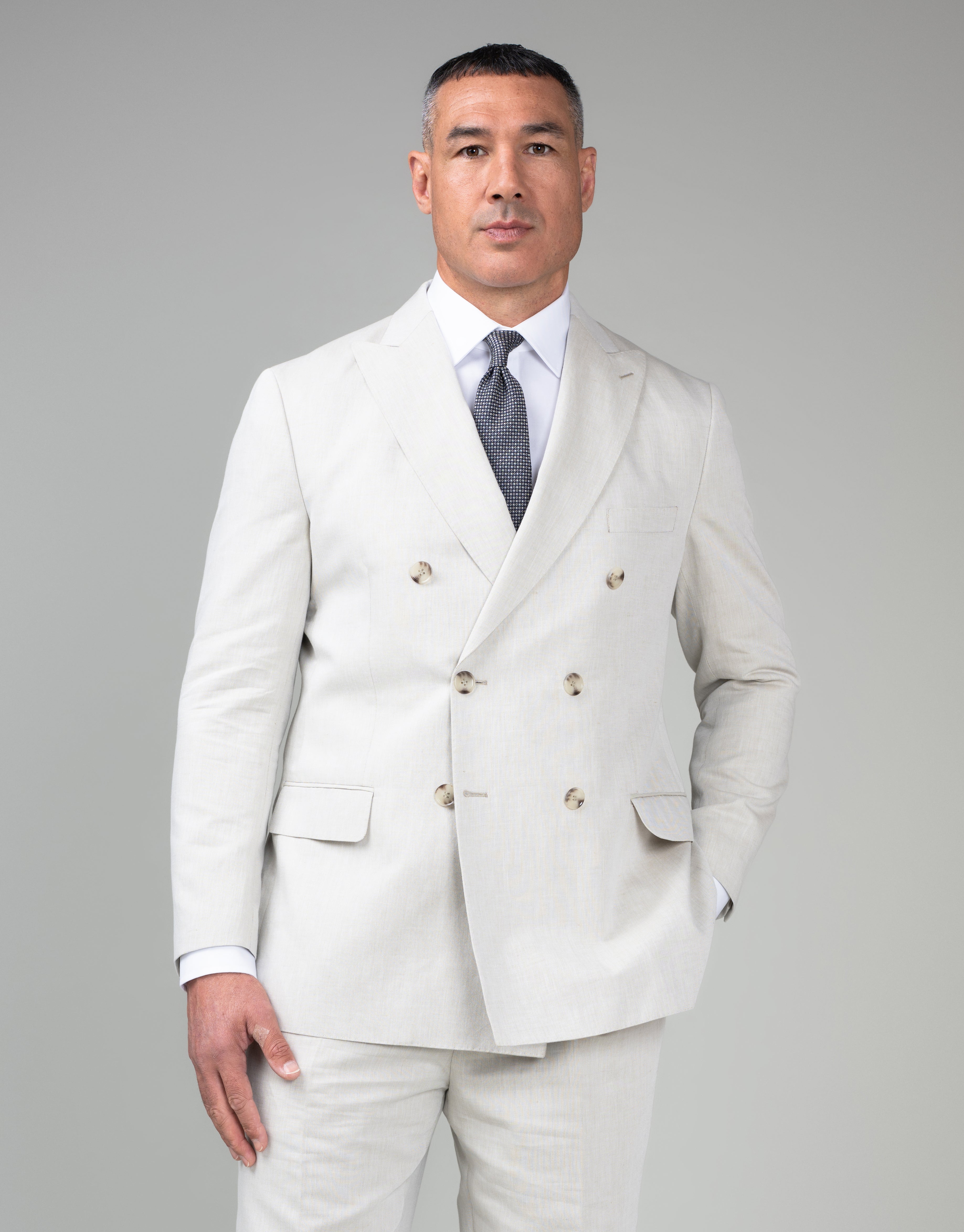 Doppio Beige Linen-Cotton Double Breasted Jacket