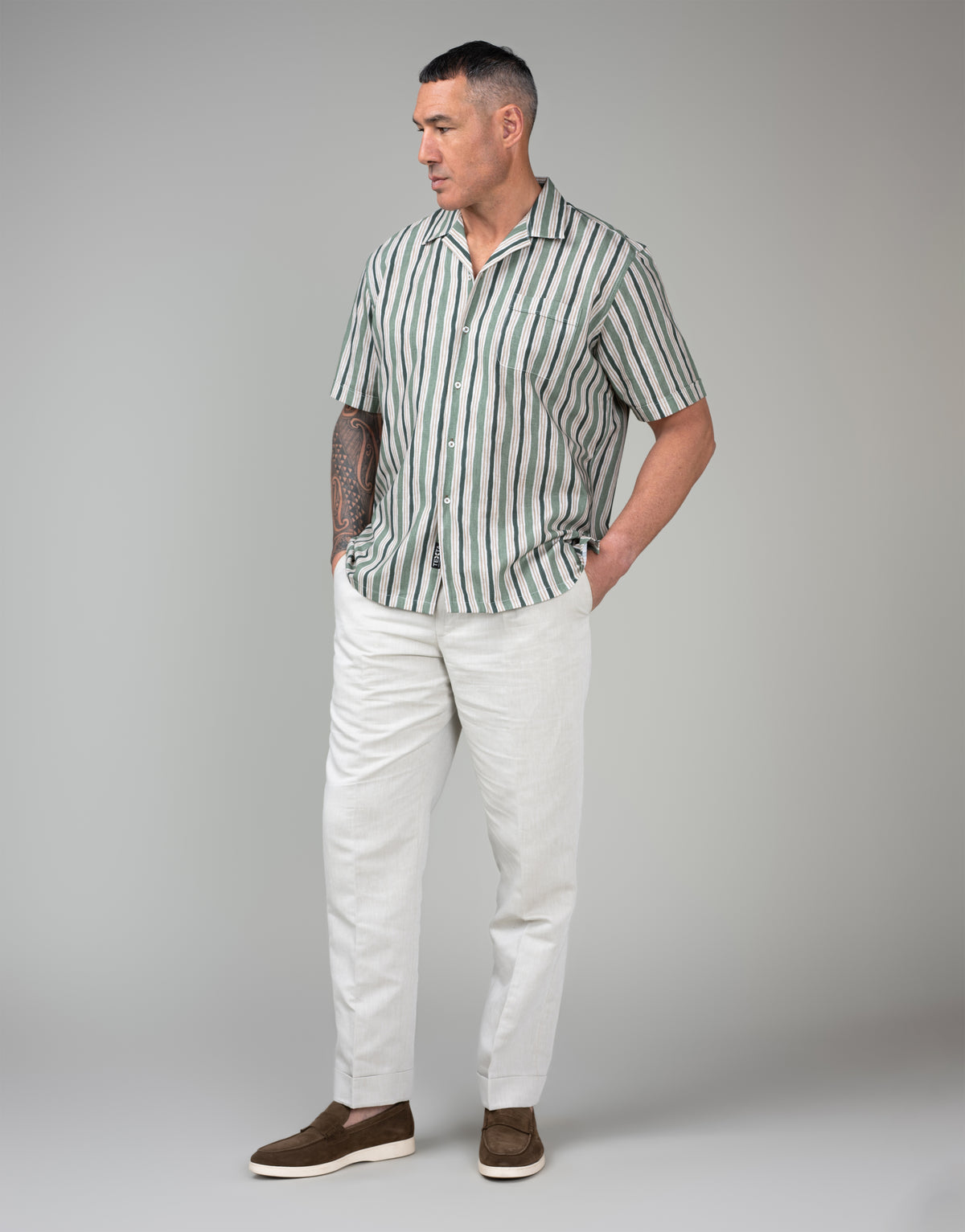 Hahei Green & Brown Painted Stripe Print Shirt