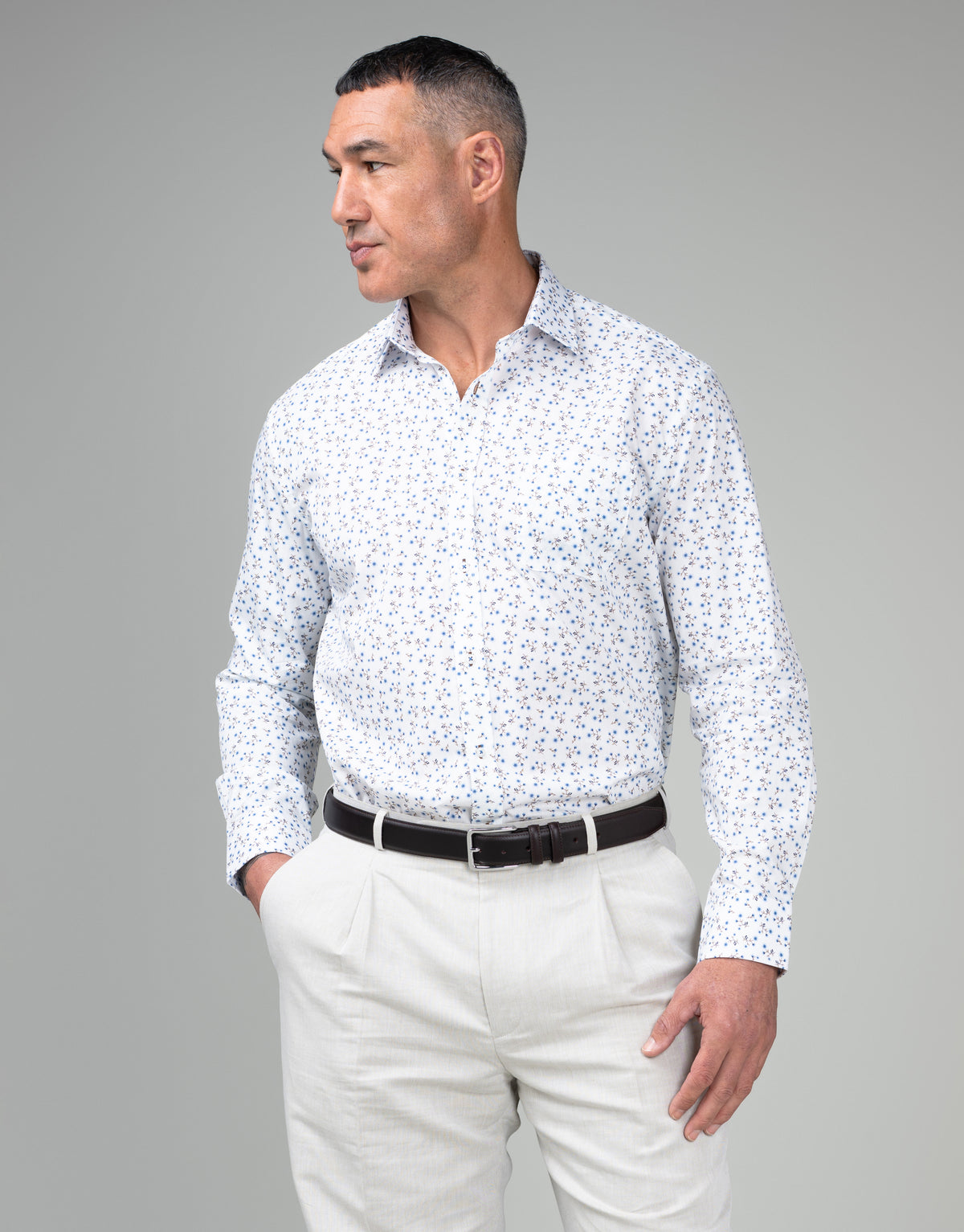 Sinatra White & Blue Myosotis Floral Print Shirt