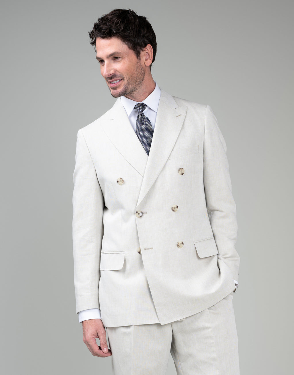 Doppio Beige Linen-Cotton Double Breasted Jacket