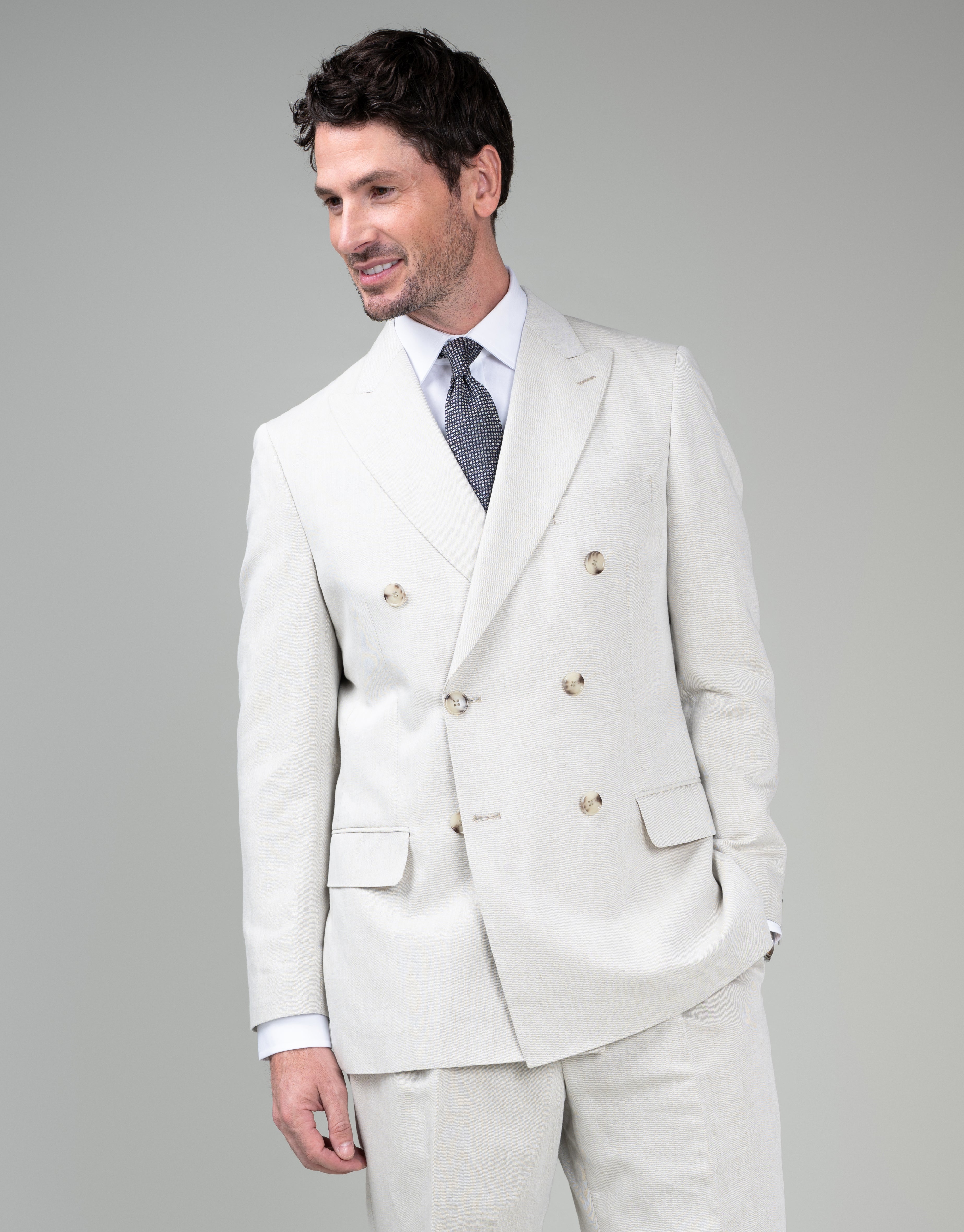 Doppio Beige Linen-Cotton Double Breasted Jacket