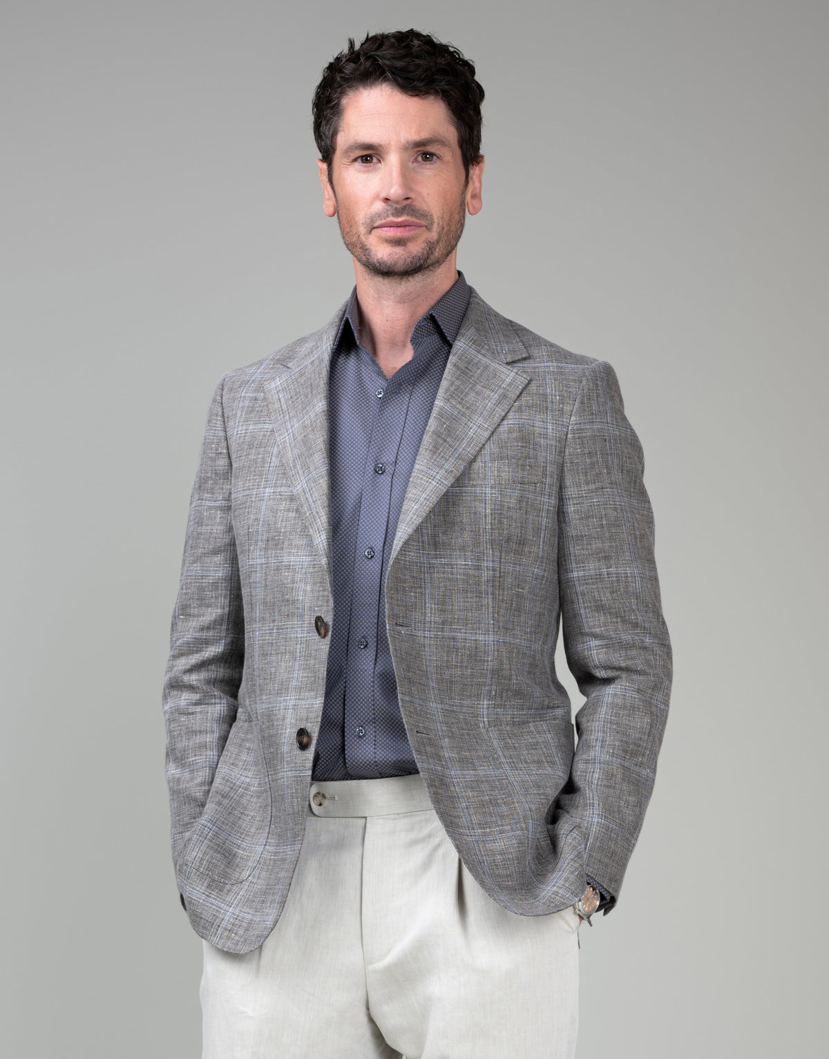 Malta Light Brown & Blue Linen Check Blazer