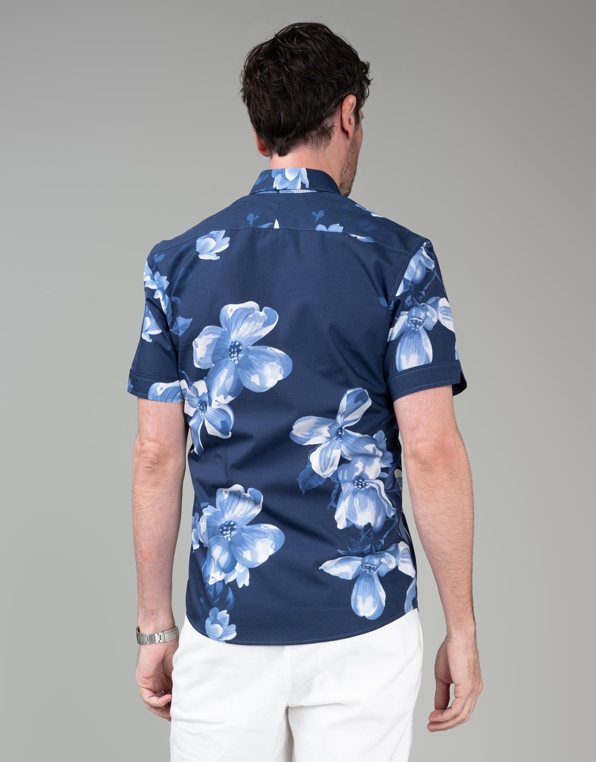 Waihi Navy Large Floral Print Short Sleeve Shirt