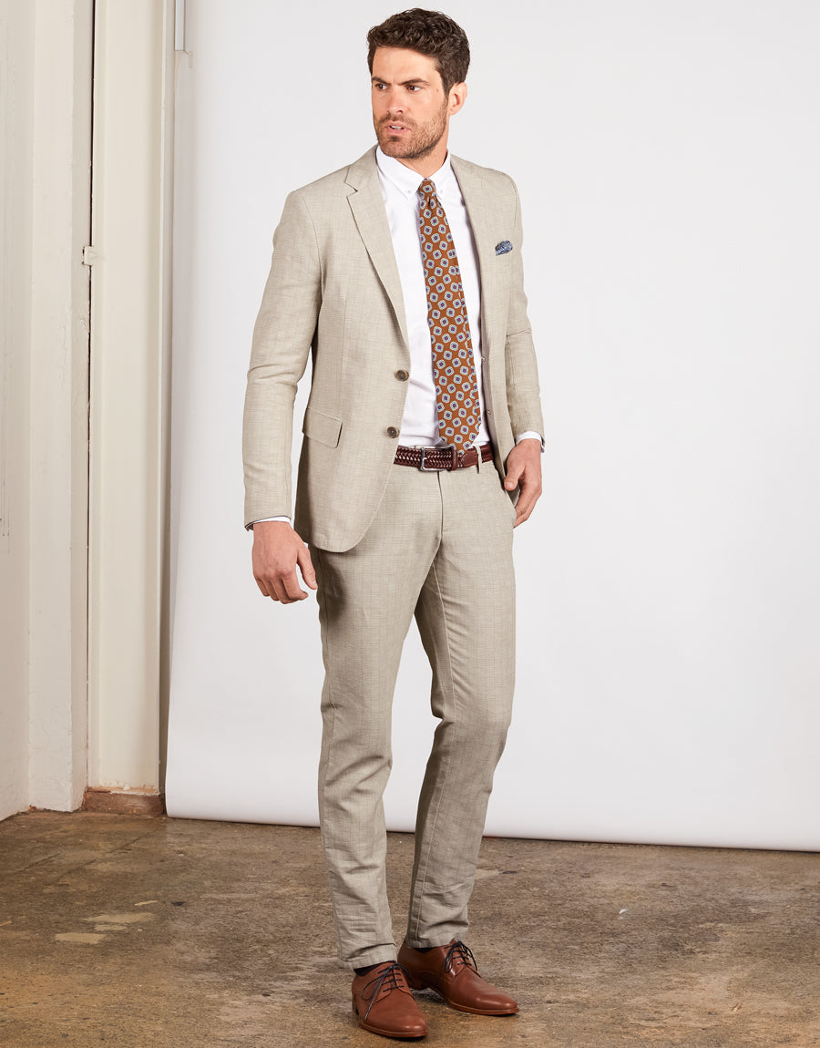 Enz Beige Check Linen Blend Trouser