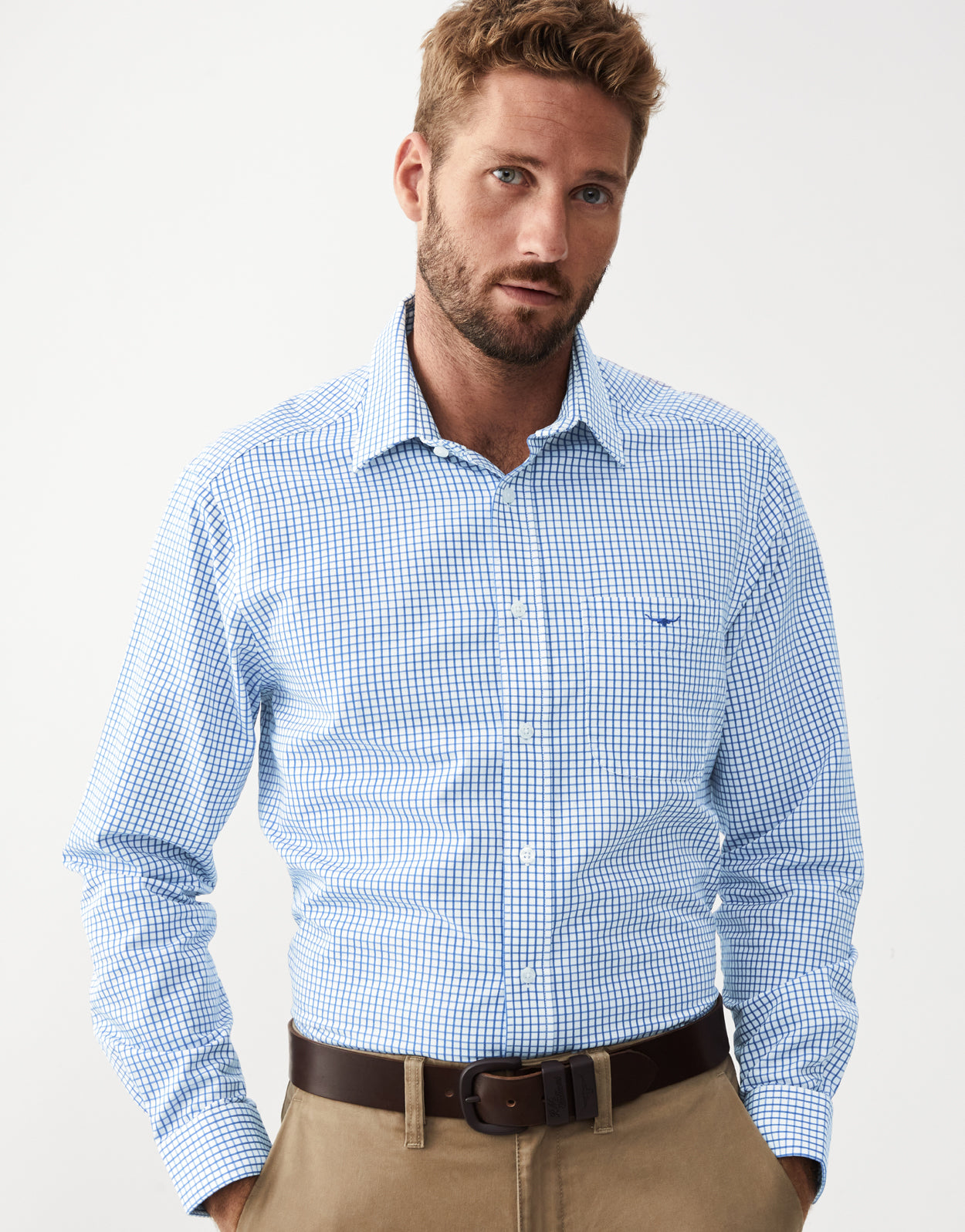 R.M. Williams Collins White & Blue Twill Check Shirt