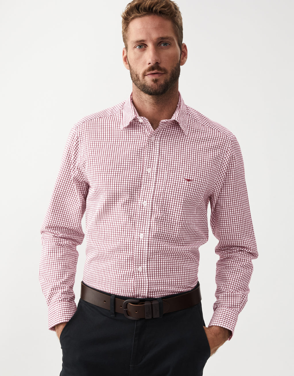 R.M. Williams Collins Burgundy & White Twill Shirt