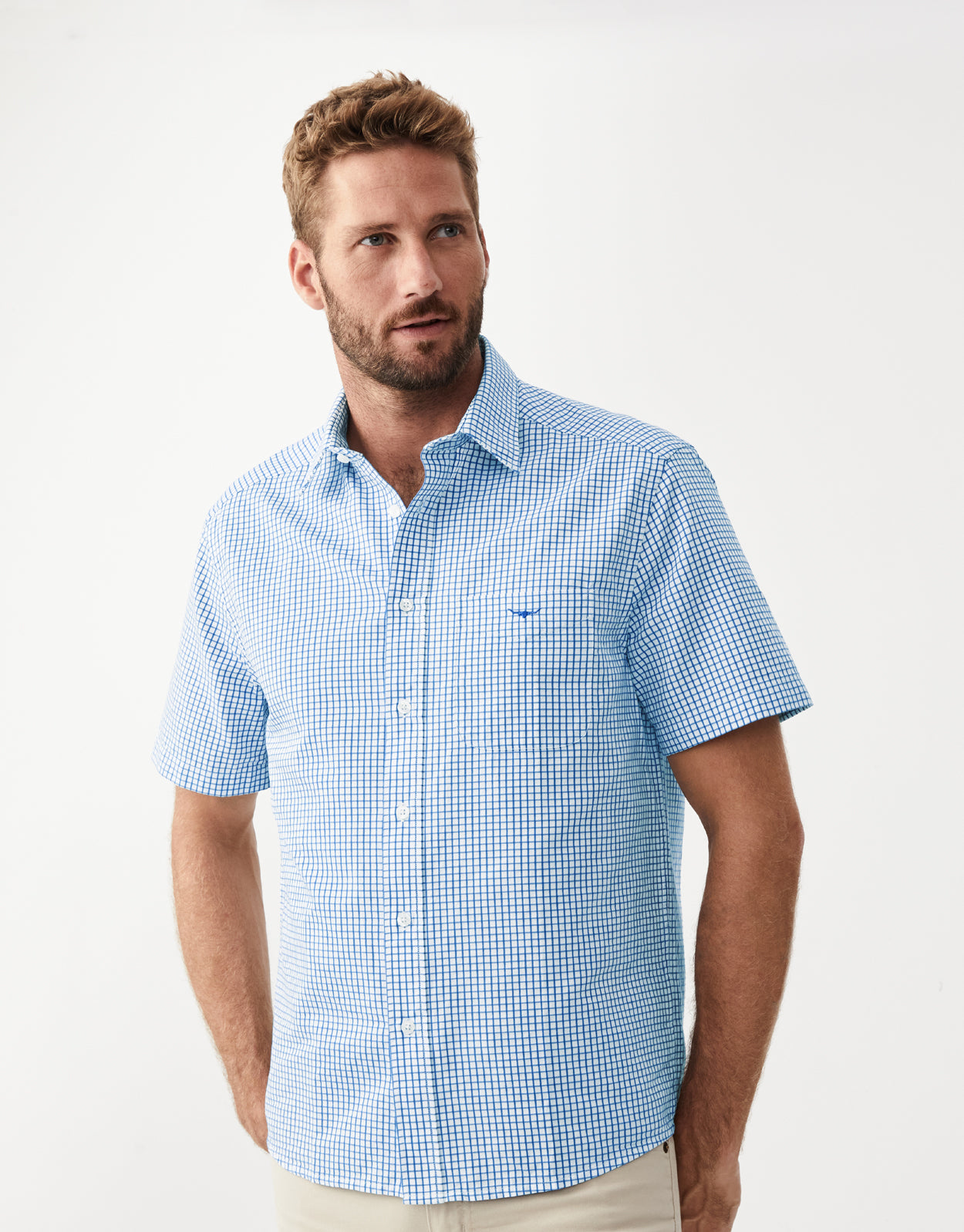 R.M. Williams Hervey White & Blue Short Sleeve Shirt