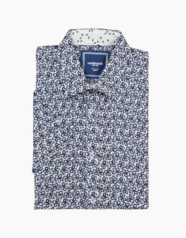 Waihi white & blue floral short sleeve shirt