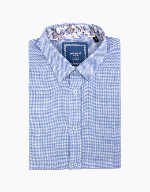 Raglan Blue Linen Dogtooth Short Sleeve Shirt
